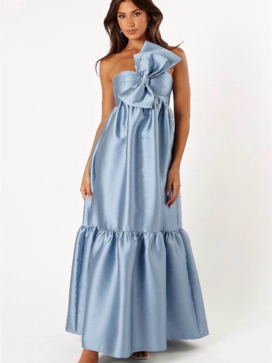 Petal & Pup Dresses & Skirts - Petal & Pup Powder Blue One-Shoulder Satin Maxi with Statement Bow